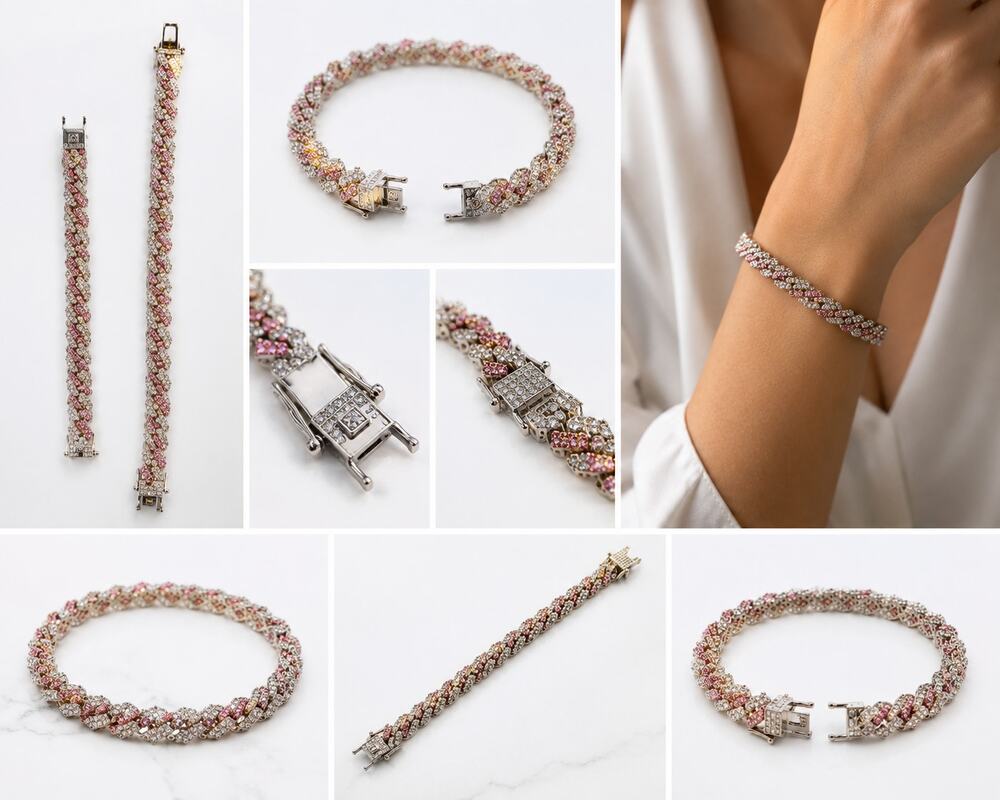 Pink & Clear Rhinestone Cuban Link Necklace & Bracelet Jewelry Set